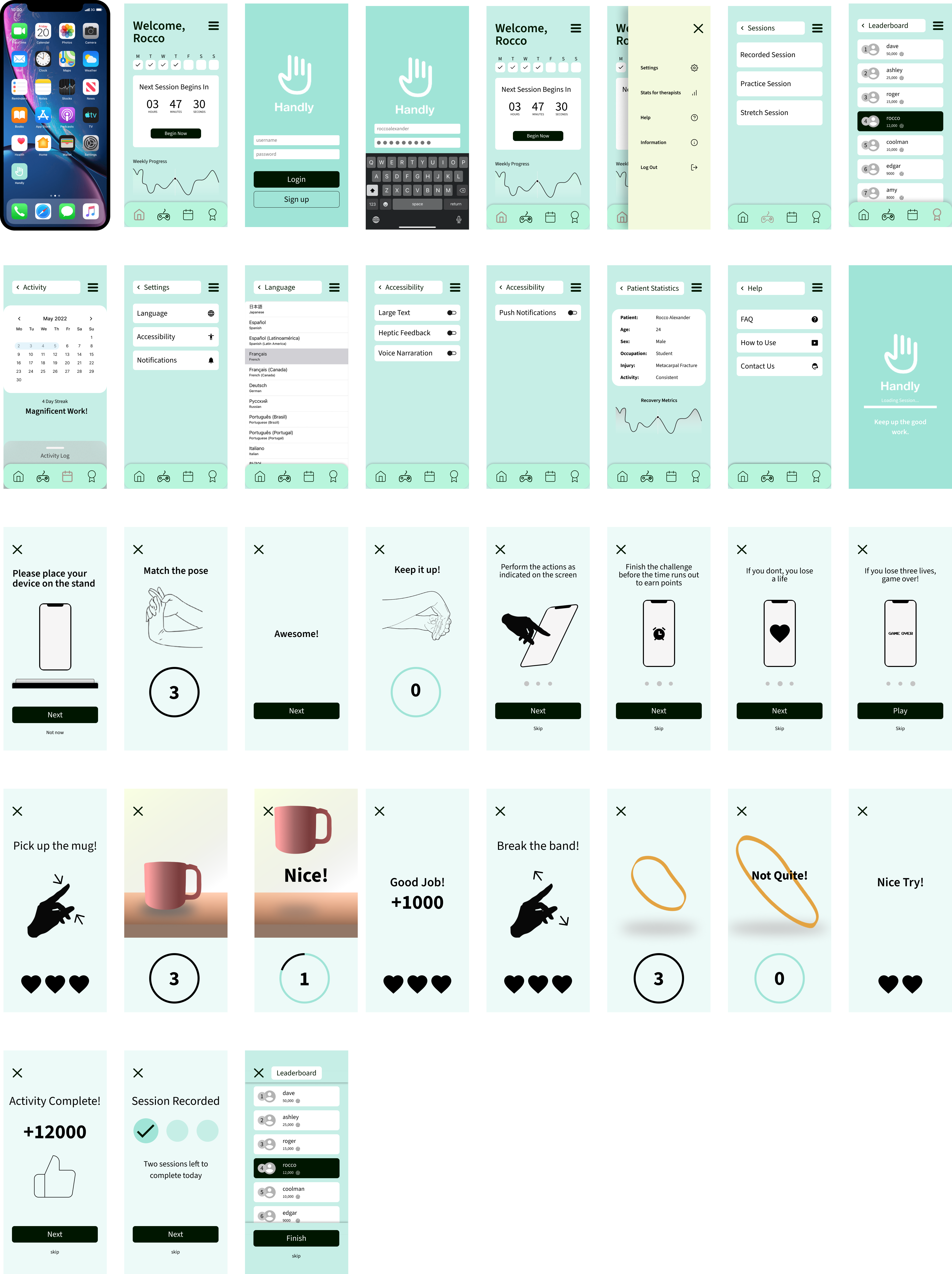 High-Fidelity wireframes of Handly application